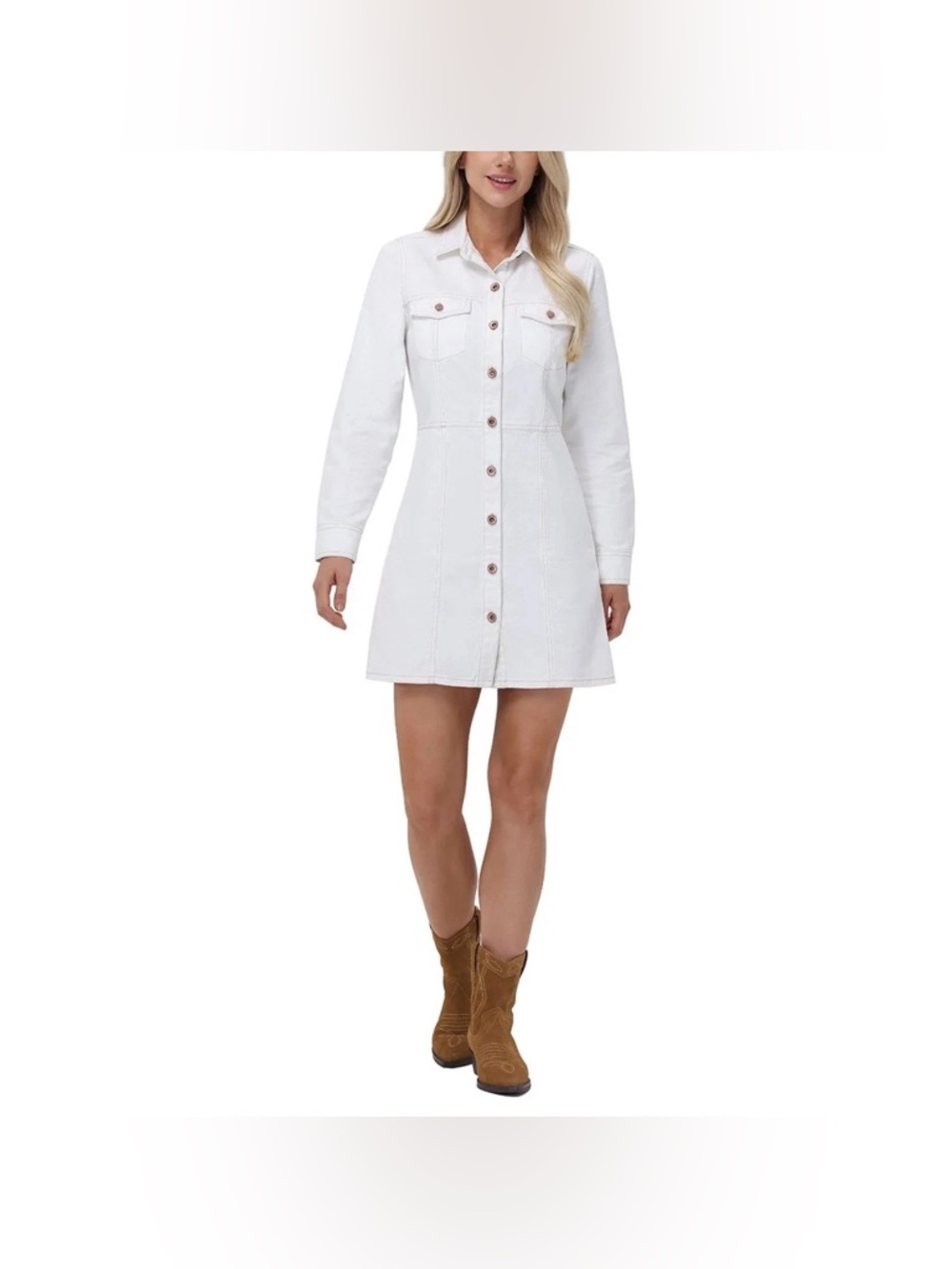 Frye Women's Denim Long Sleeve Button Front Mini Dress in Bone.